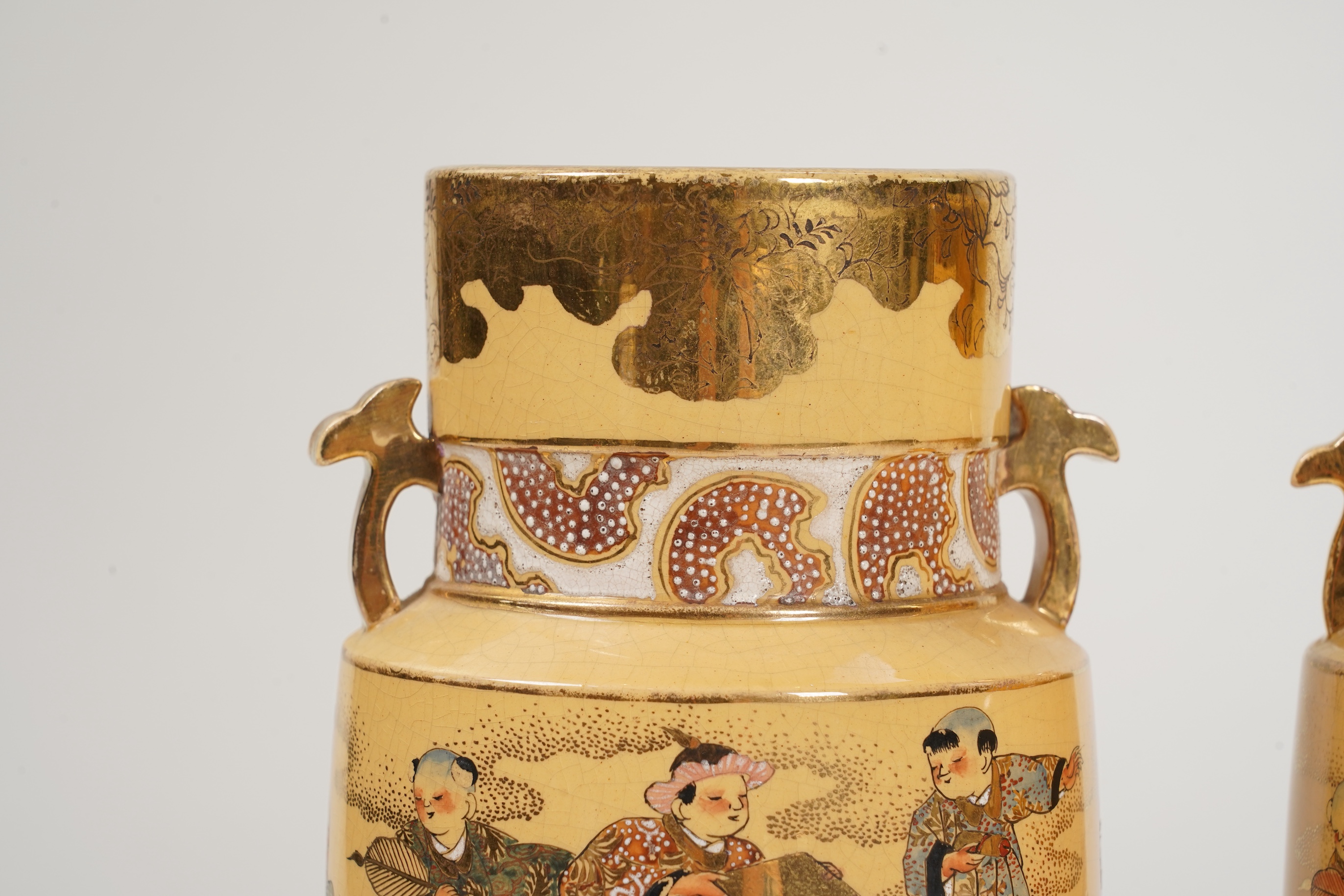 A rare pair of Japanese Satsuma lustre glazed vases, signed Fukumara, Meiji period
